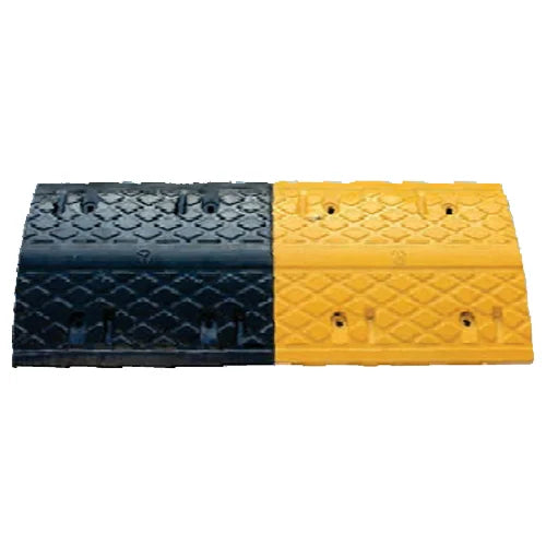 RUBBER SPEED BREAKER SIZE: 350W X 500L X 50H MM (YELLOW/BLACK COLOR) WITH REFLECTIVE CAT EYES