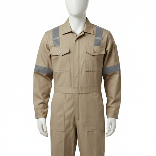 Beige work jumpsuit with reflective stripes on a white background