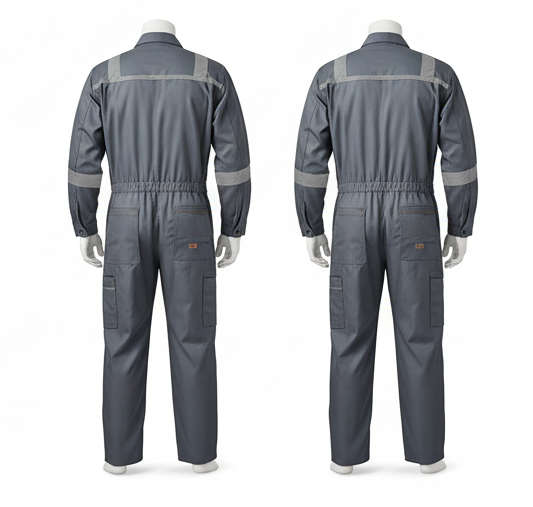 Gray work jumpsuit with reflective stripes on a white background