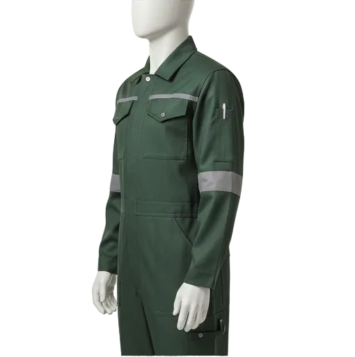 Green work jumpsuit with reflective stripes on a white background