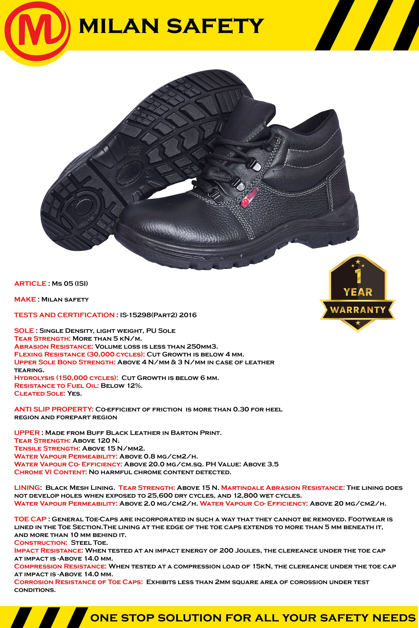 Milan Safety Shoe MS 07 – Lightweight, High-ankle | ISI-Compliant Single -Density Safety Footwear