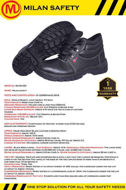 Milan Safety Shoe MS 07 – Lightweight, High-ankle | ISI-Compliant Single -Density Safety Footwear