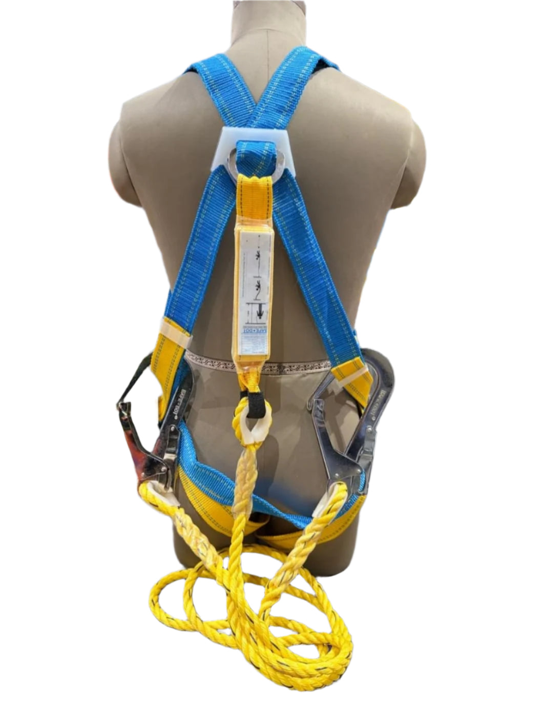 Safety harness with a yellow rope on a mannequin against a white background