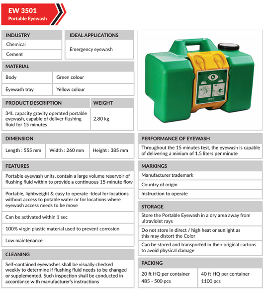EW 3501 Portable Emergency Eyewash Station | 34L Gravity-Operated Safety Solution for Industrial Use