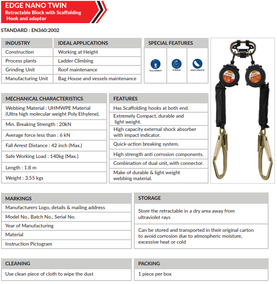EDGE NANO TWIN 1.8 (SCAFFOLDING HOOK) WITH ADAPTOR 1.8 meter
