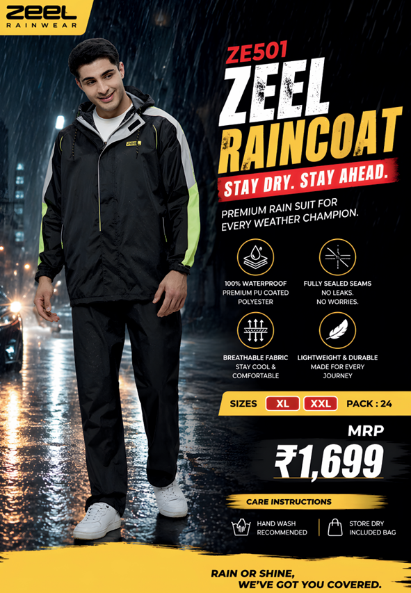 Zeel ZE501 Waterproof PU Coated Polyester Raincoat and Rain Suit for Men | Breathable & Fully Sealed Rainwear