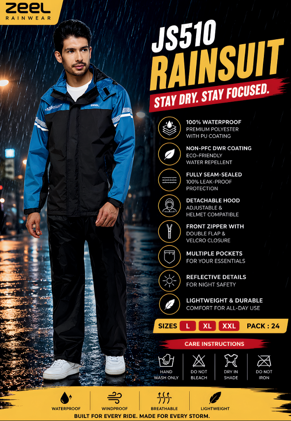 Zeel JS510 Waterproof Rain Suit for Men | Seam-Sealed Motorcycle Rainwear with Detachable Hood | Reflective Lightweight Riding Rainsuit