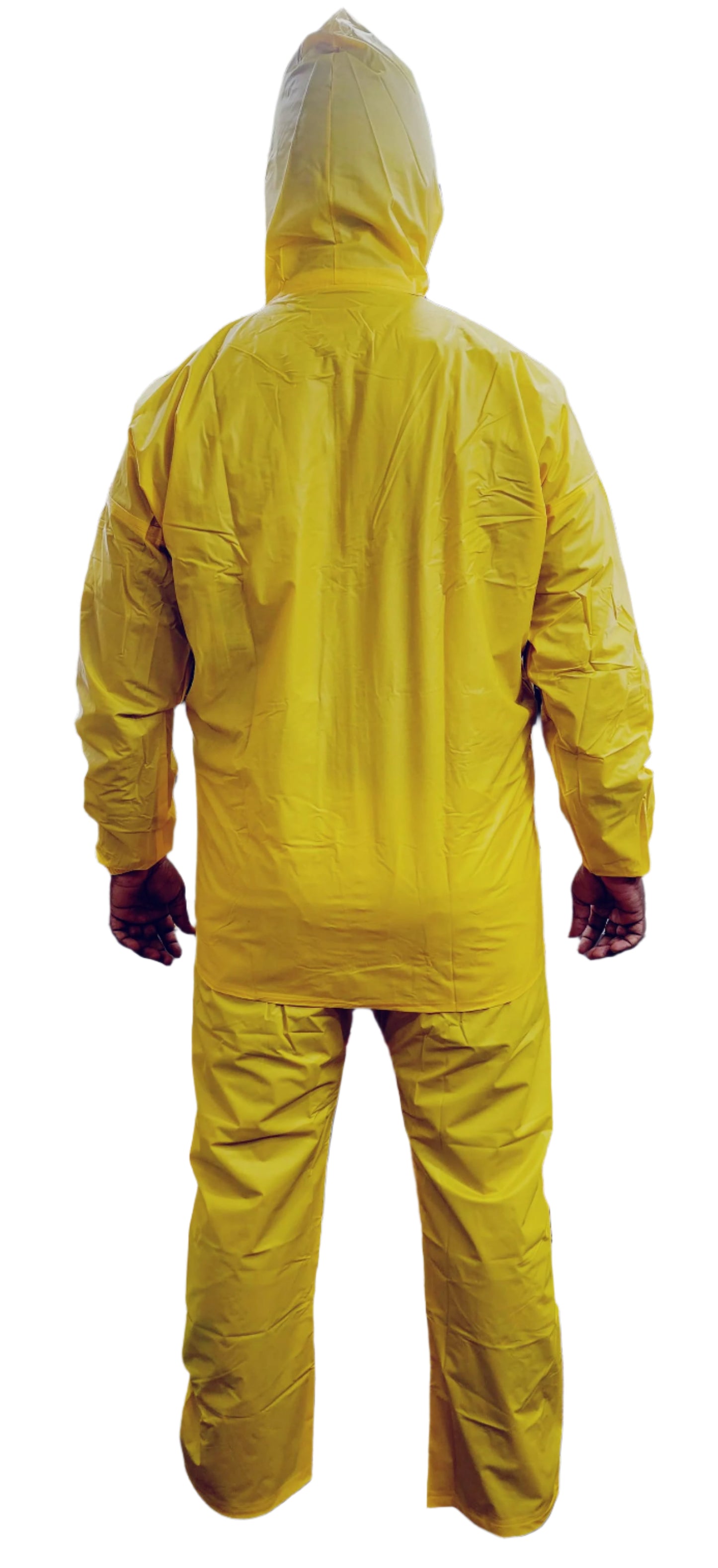 Person wearing a yellow raincoat and pants in a shoe store.