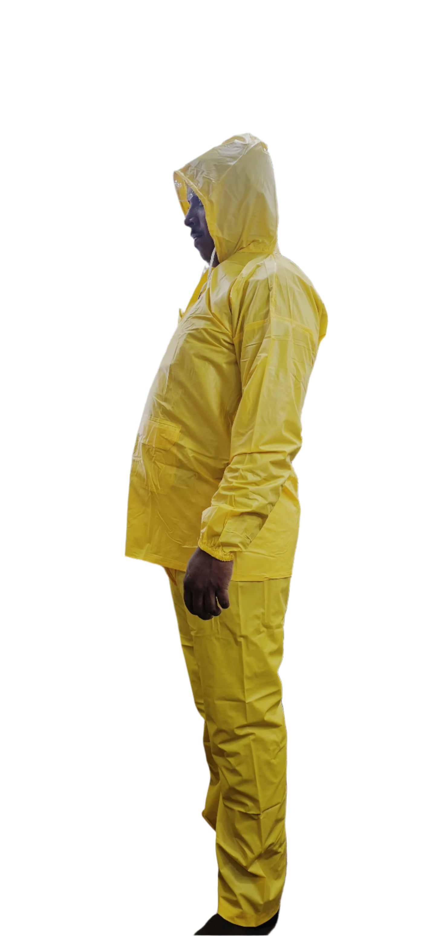 Person wearing a yellow raincoat in a shoe store with shoe displays in the background.