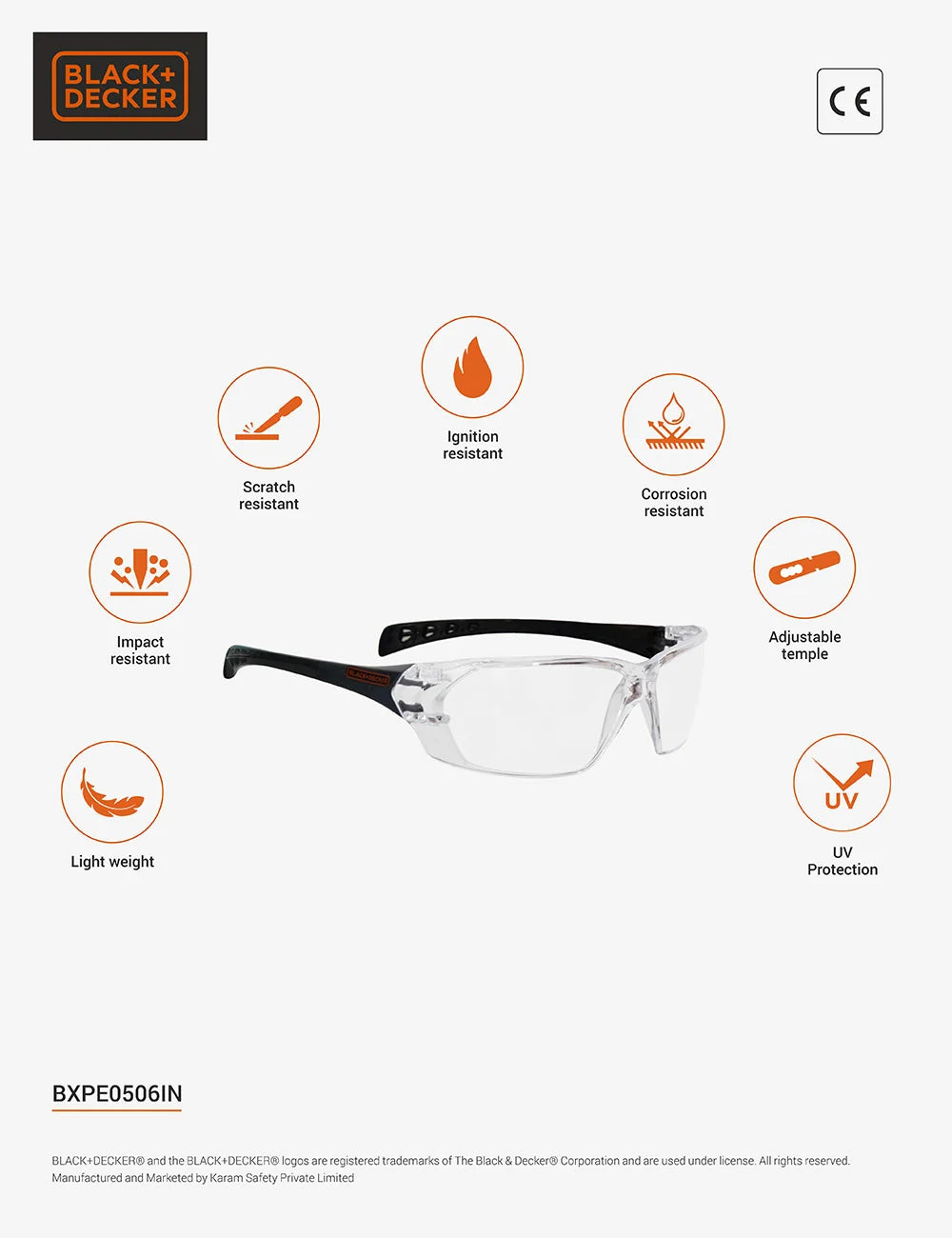 BLACK+DECKER BXPE0506IN Safety Spectacles – Wrap-Around Eye Protection with Beveled Eyebrow Shield, UV & Scratch-Resistant, EN 166 Certified