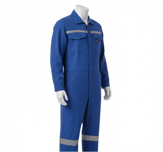 Blue coveralls with reflective stripes on a white background