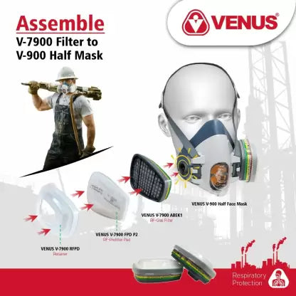 Venus V-900 Half Face Mask+V-7900 ABEK1 Multigas Reusable Filter Catriges ISI certifed Combo Pack Medium Size Half Face Mask with Patented Twist & Click Lock Mechanism