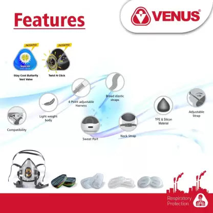 Venus V-900 Half Face Mask+V-7900 ABEK1 Multigas Reusable Filter Catriges ISI certifed Combo Pack Medium Size Half Face Mask with Patented Twist & Click Lock Mechanism