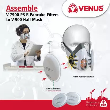 Venus V-900 Half Face Mask+V-7900 ABEK1 Multigas Reusable Filter Catriges ISI certifed Combo Pack Medium Size Half Face Mask with Patented Twist & Click Lock Mechanism