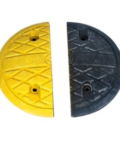 RUBBER SPEED BREAKER SIZE: 350W X 500L X 50H MM (YELLOW/BLACK COLOR) WITH REFLECTIVE CAT EYES