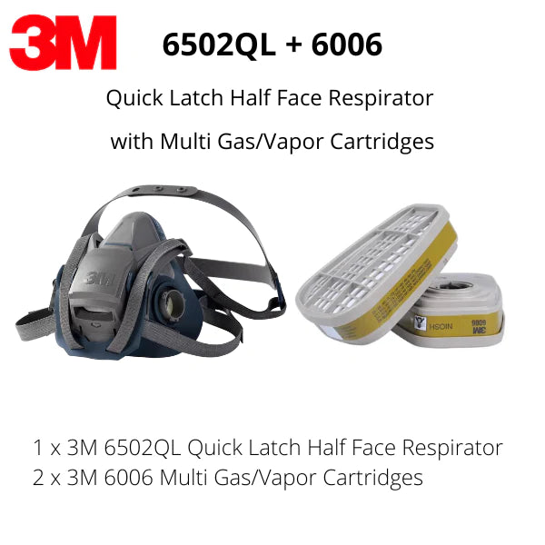 3M 6502QL Quick Latch Half Face Respirator with a pair of 6006 Multi Gas/Vapor Cartridge Cartridges
