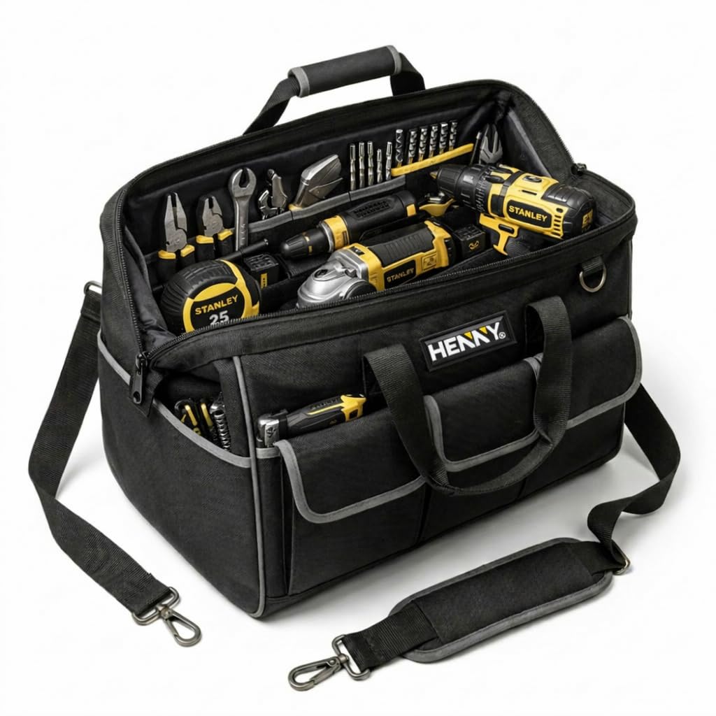 18-Inch Heavy Duty Tool Bag – 16 Pocket Waterproof Electrician & Technician Storage Organizer with Shoulder Strap