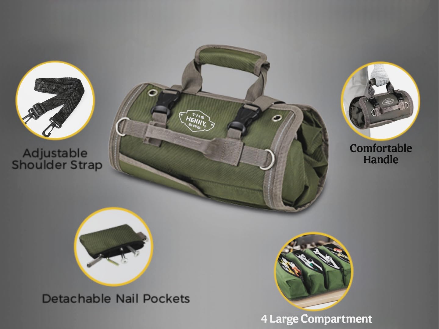 Heavy Duty Tool Roll Organizer Bag – Waxed Oxford Roll Up Tool Bag with YKK Zippers & Detachable Pouches (Green)
