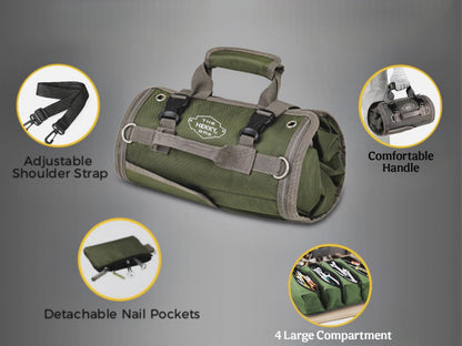 Heavy Duty Tool Roll Organizer Bag – Waxed Oxford Roll Up Tool Bag with YKK Zippers & Detachable Pouches (Green)