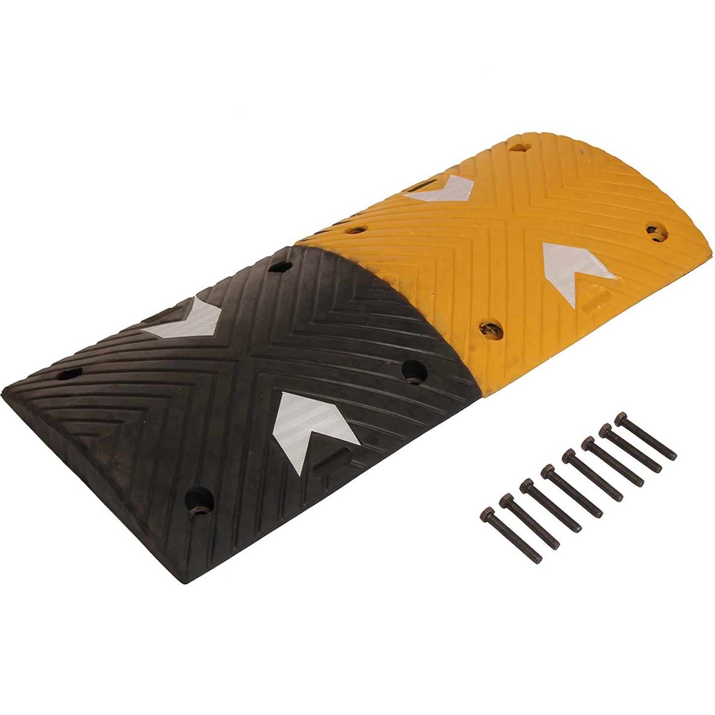 RUBBER SPEED BREAKER SIZE: 350W  X 500L X 50H MM (YELLOW/BLACK  COLOR) WITH REFLECTIVE ARROWS