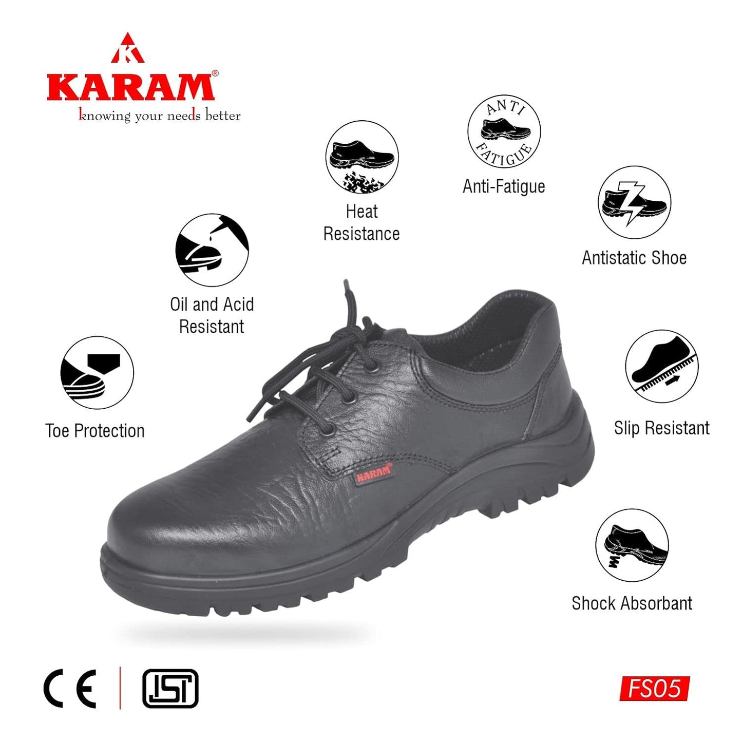 KARAM ISI Marked Leather Safety Shoe | Excellent Grip, Comfort and Slip Resistance | Safety Shoes with Steel Toe | Black | FS05BL