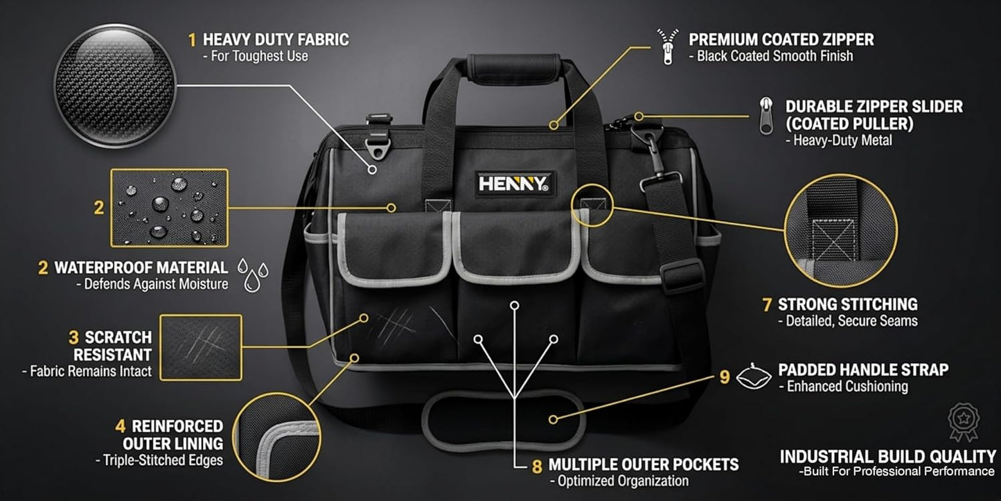 18-Inch Heavy Duty Tool Bag – 16 Pocket Waterproof Electrician & Technician Storage Organizer with Shoulder Strap