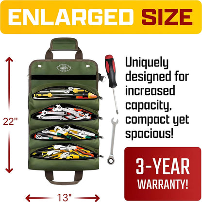 Heavy Duty Tool Roll Organizer Bag – Waxed Oxford Roll Up Tool Bag with YKK Zippers & Detachable Pouches (Green)