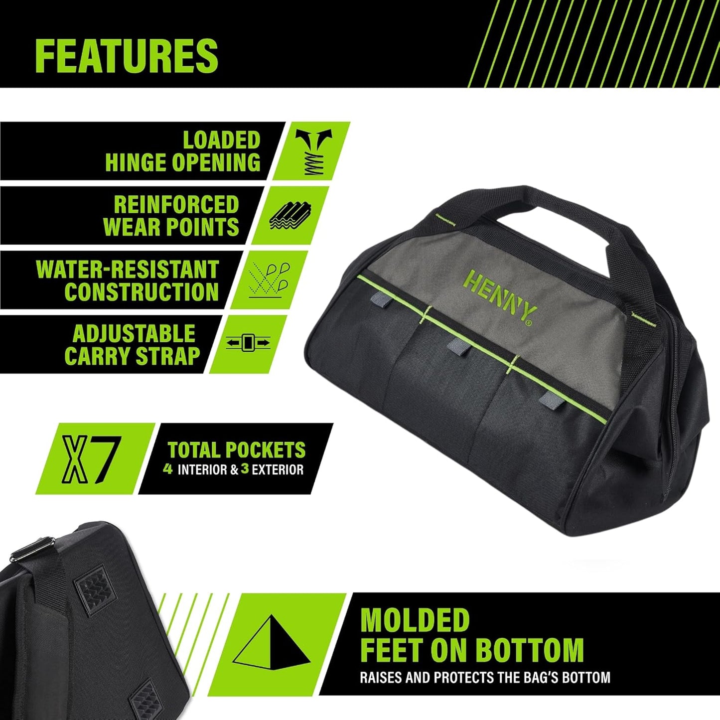 15-Inch Heavy Duty Tool Bag – Waterproof Wide Mouth Tool Organizer with Molded Base & 8 Pockets (750 Days Warranty)