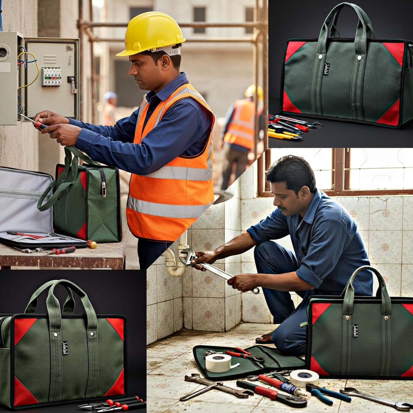 Extra Heavy Duty Canvas Tool Bag – ProMax Industrial Tool Storage Bag with 2 Inner Zipper Pockets (Green)