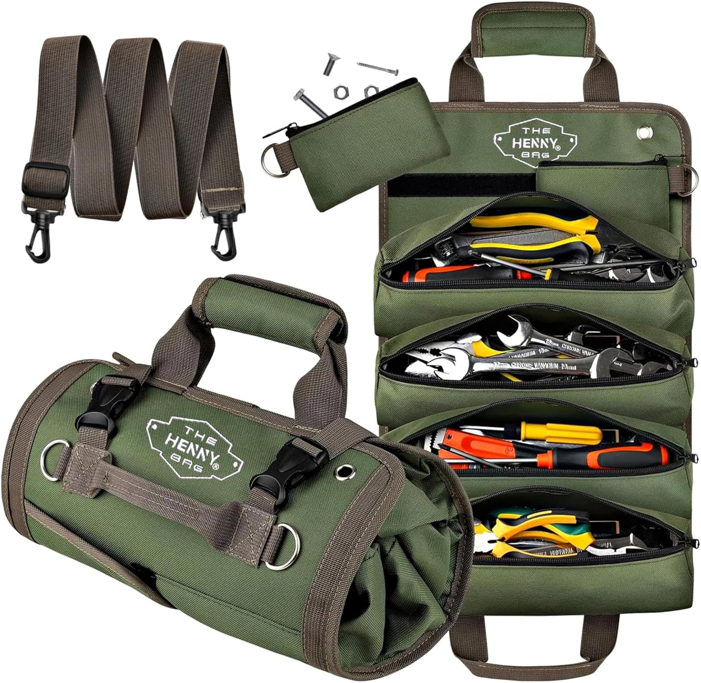 Heavy Duty Tool Roll Organizer Bag – Waxed Oxford Roll Up Tool Bag with YKK Zippers & Detachable Pouches (Green)