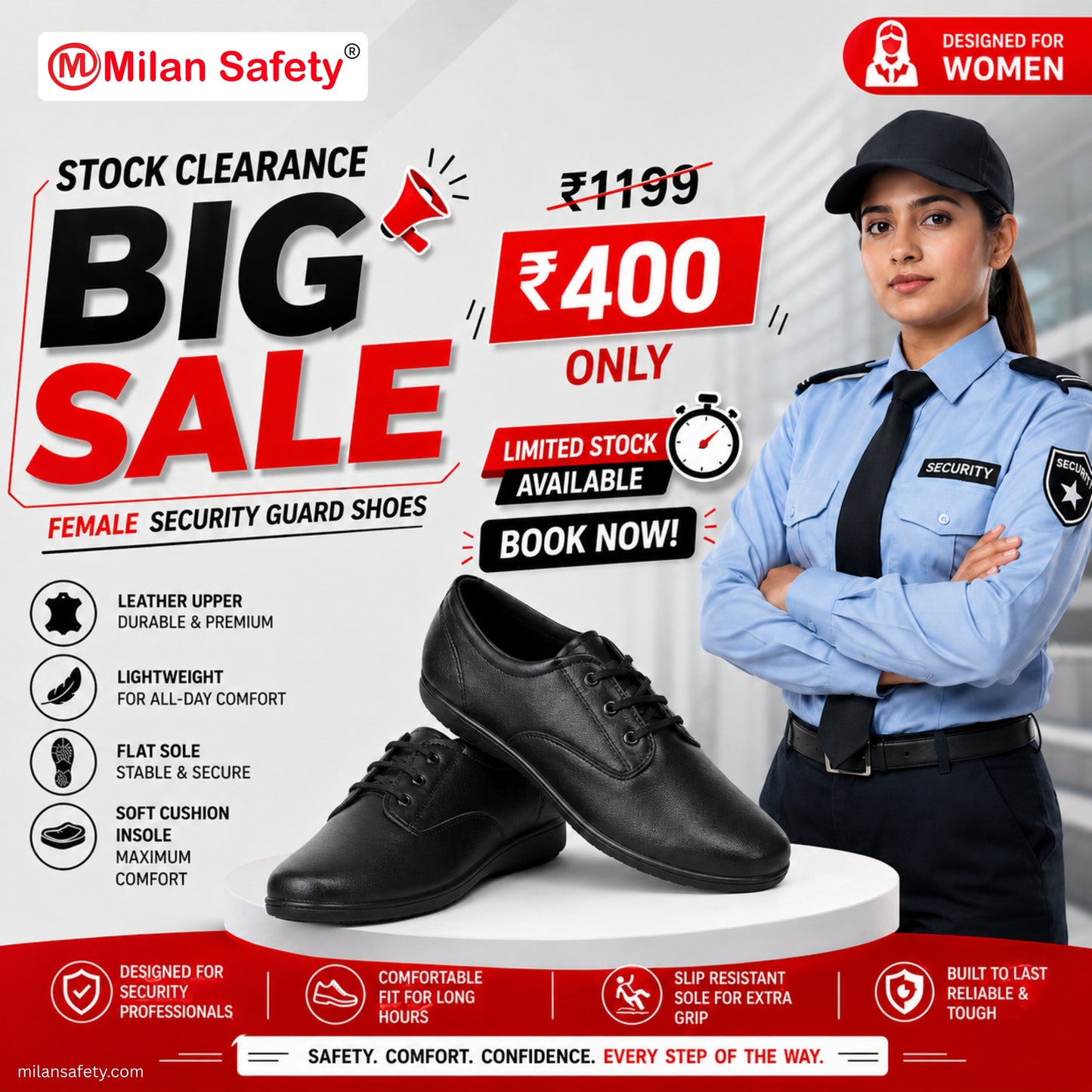Women’s Security Guard Shoes | Black Leather Safety Shoes | Lightweight, Flat Sole & Soft Cushion Insole | Milan Safety