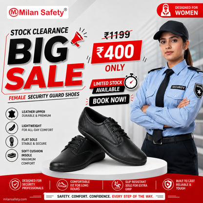 Women’s Security Guard Shoes | Black Leather Safety Shoes | Lightweight, Flat Sole & Soft Cushion Insole | Milan Safety