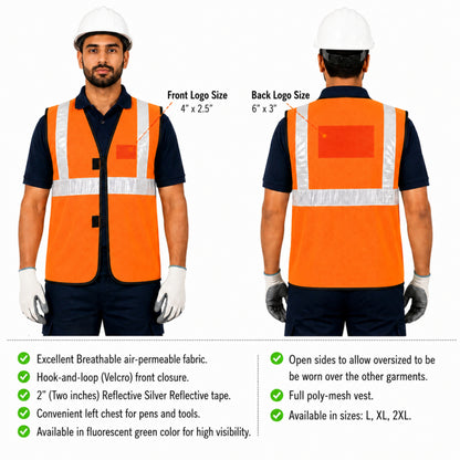 MSRJ2 High Visibility Safety Jacket | 70 GSM Plain Polyester Reflective Safety Vest | Front Zipper & Hook Closure