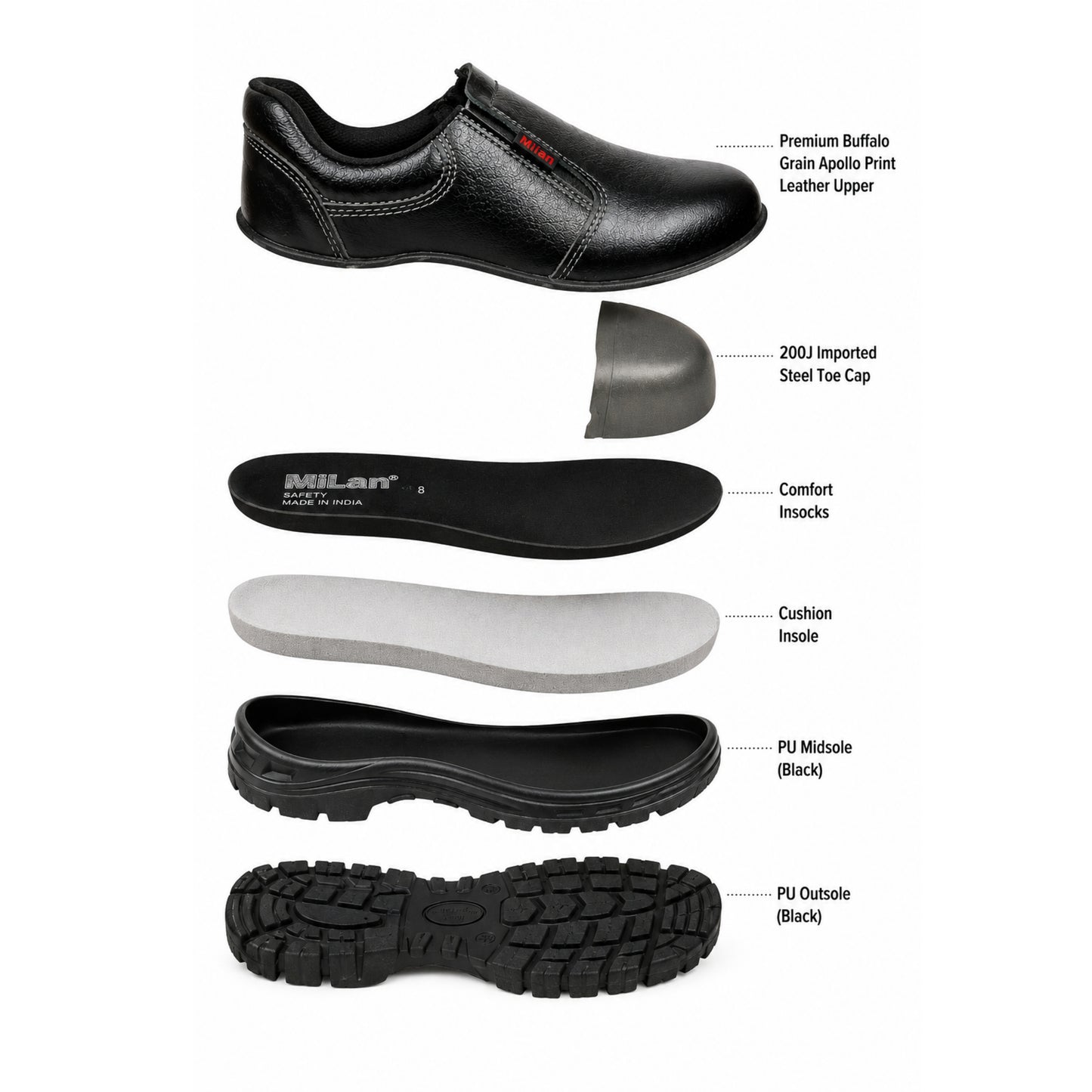 Milan Safety Shoe MS 05 Slip-on Anti-static Safety Shoes | Stylish & Durable with Steel Toe Cap | Sizes 38-46