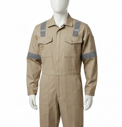 Beige work jumpsuit with reflective stripes on a white background