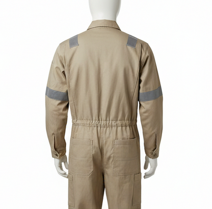 Beige work jumpsuit with reflective stripes on a white background
