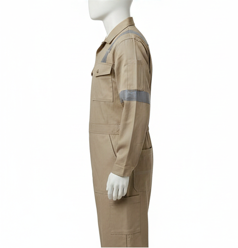 Beige work jumpsuit with reflective stripes on a white background