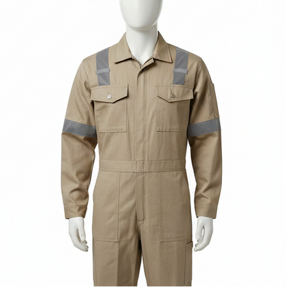 Beige work jumpsuit with reflective stripes on a white background