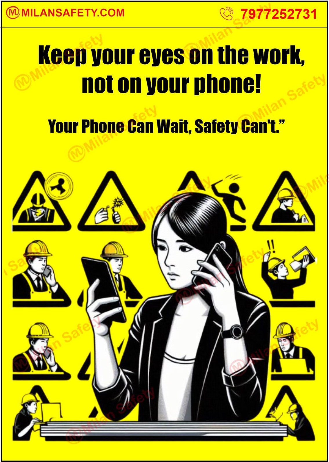Focus on work avoid cell phone | Safety Posters – Milansafety