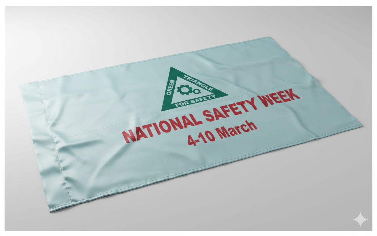 White Satin National Safety Week Flag | 3.5ft x 2ft Light Green Screen Printed Safety Flag | Premium Satin Cloth Banner