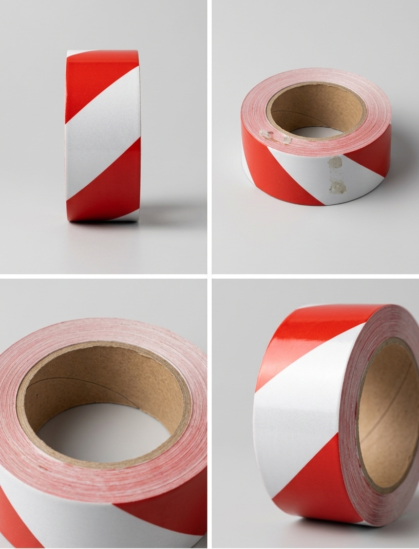 Red and white reflective barrier tape with packaging on a gray background