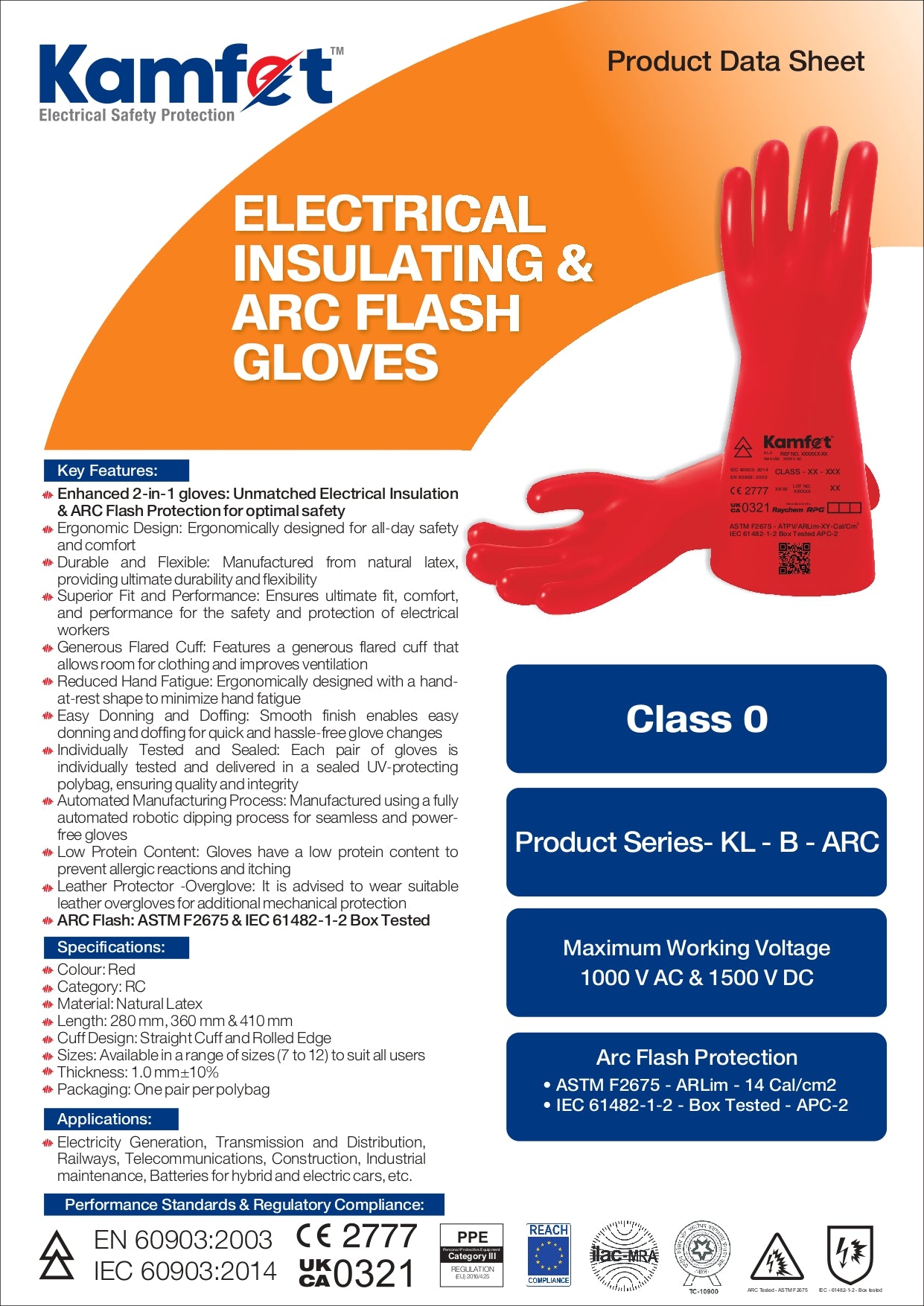 Raychem RPG Kamfet KL-B Class 0 Electrical Insulating Gloves – 1kV Arc Flash