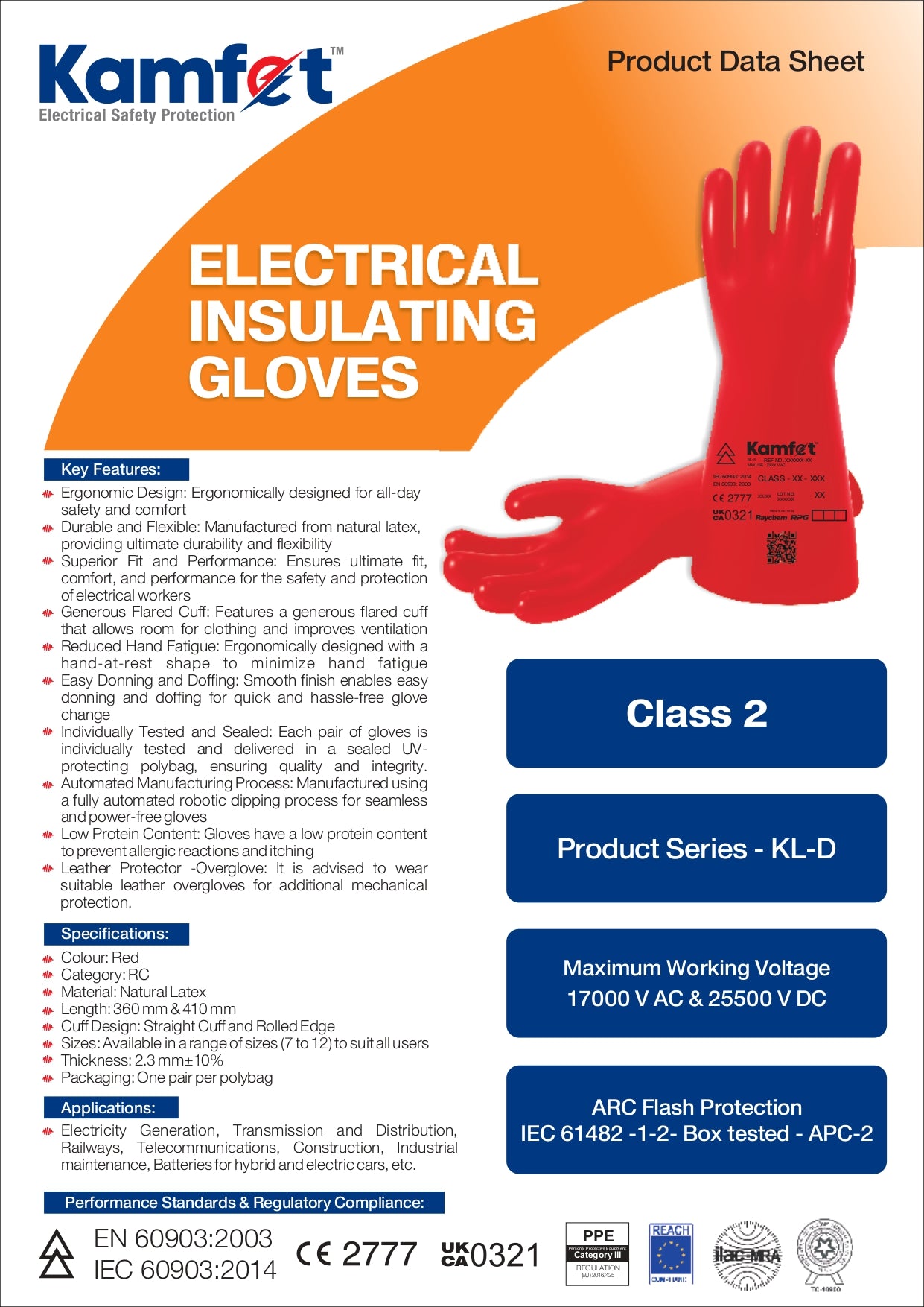 Raychem RPG Kamfet KL-D Class 2 Electrical Insulating Gloves – 17kV AC | Arc Flash APC 2