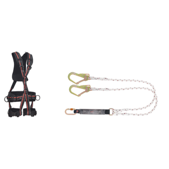 Karam PN56+PN351N Tower Harness with 2-meter Forked Lanyard with Energy Absorber and Steel Scaffold Hooks