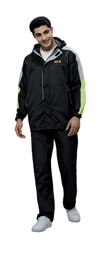 Promotional image of a Zeel raincoat with product details on a dark, rainy street background.
