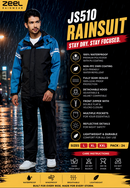Zeel JS510 Waterproof Rain Suit for Men | Seam-Sealed Motorcycle Rainwear with Detachable Hood | Reflective Lightweight Riding Rainsuit