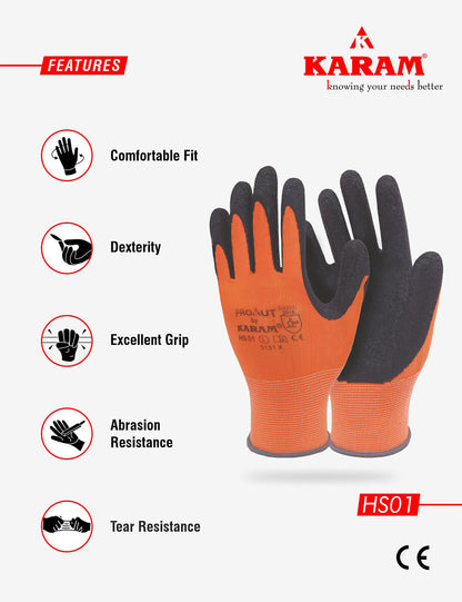 Karam Orange Liner with Black Crinkle Latex Hand Gloves, HS01